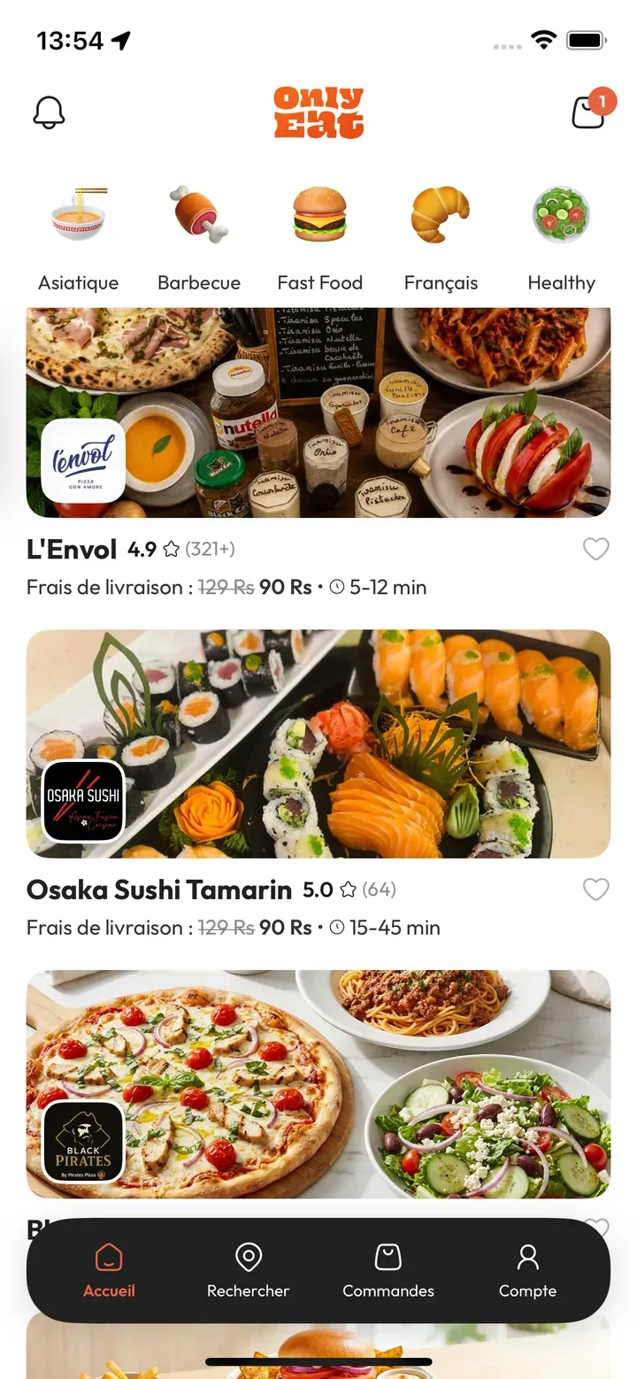 Écran d’accueil de l’app OnlyEat