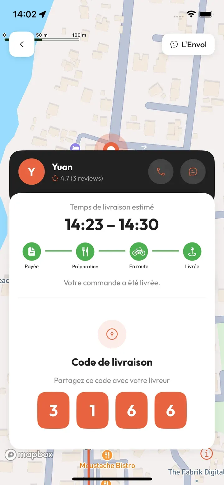 Écran code de livraison de l’app OnlyEat