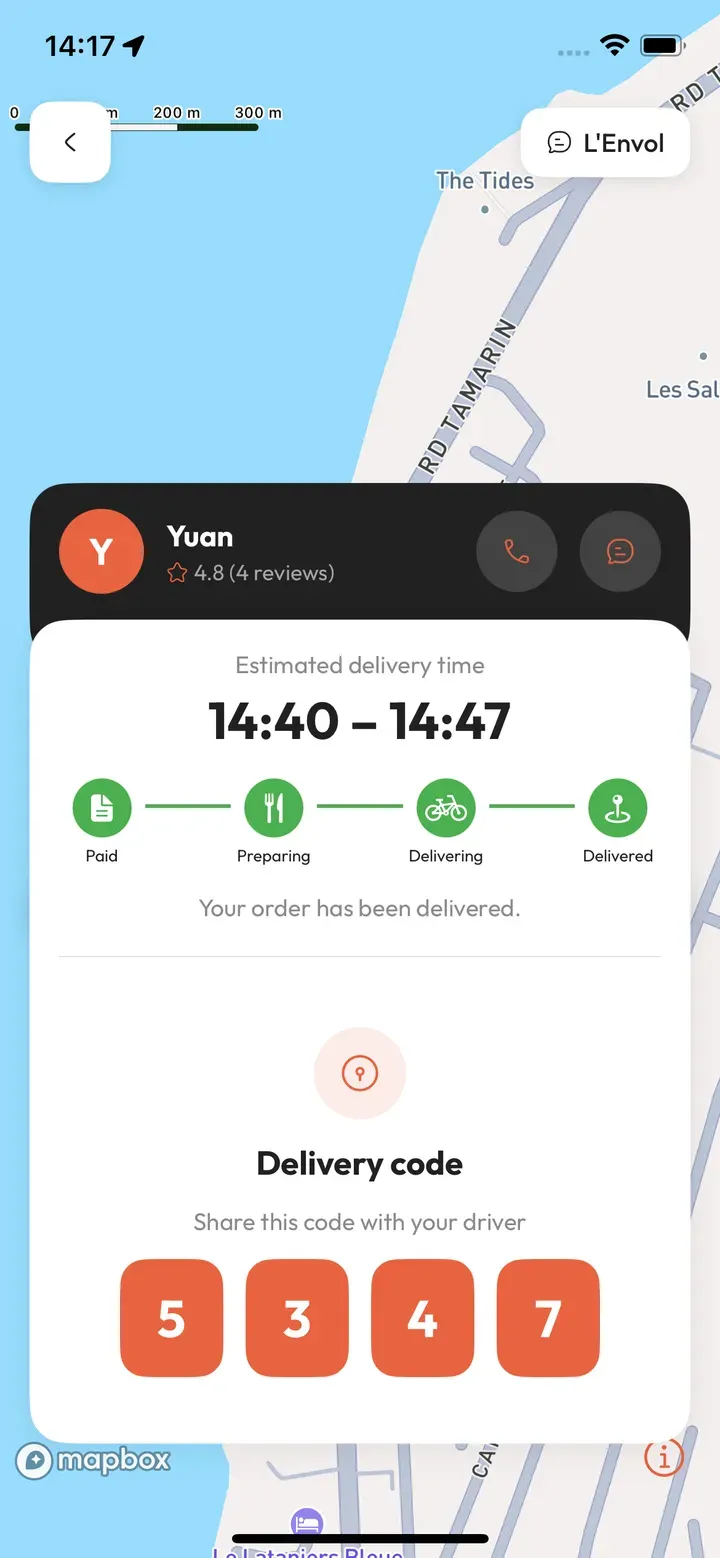 Delivery code screen in the OnlyEat app