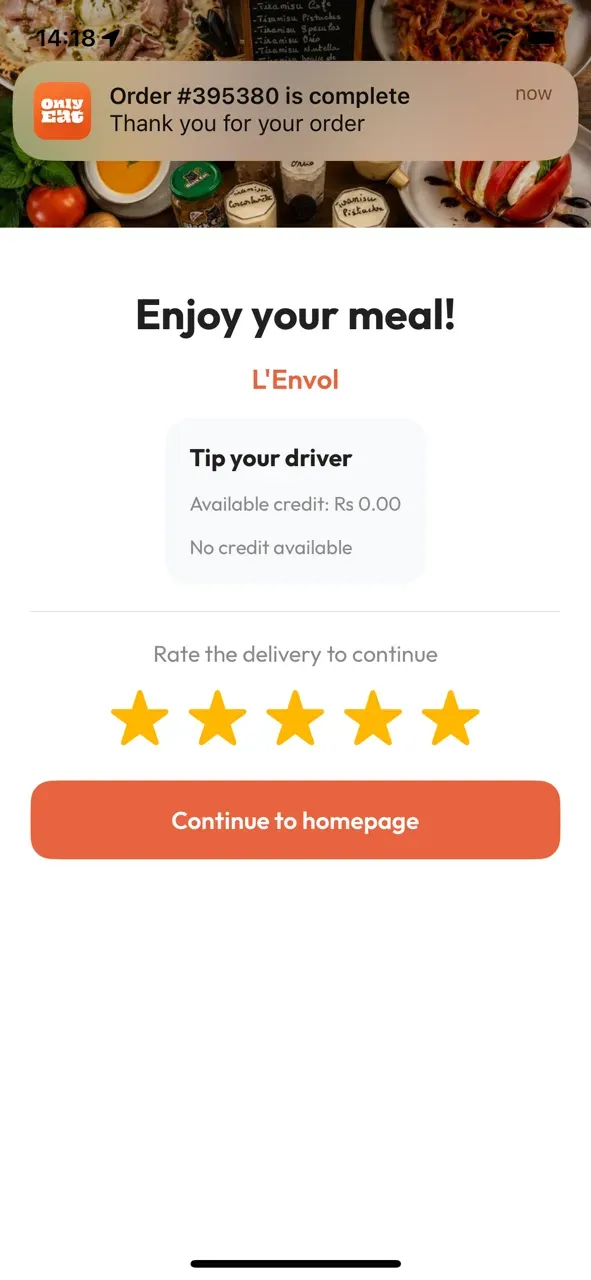 Post-delivery rating screen in the OnlyEat app