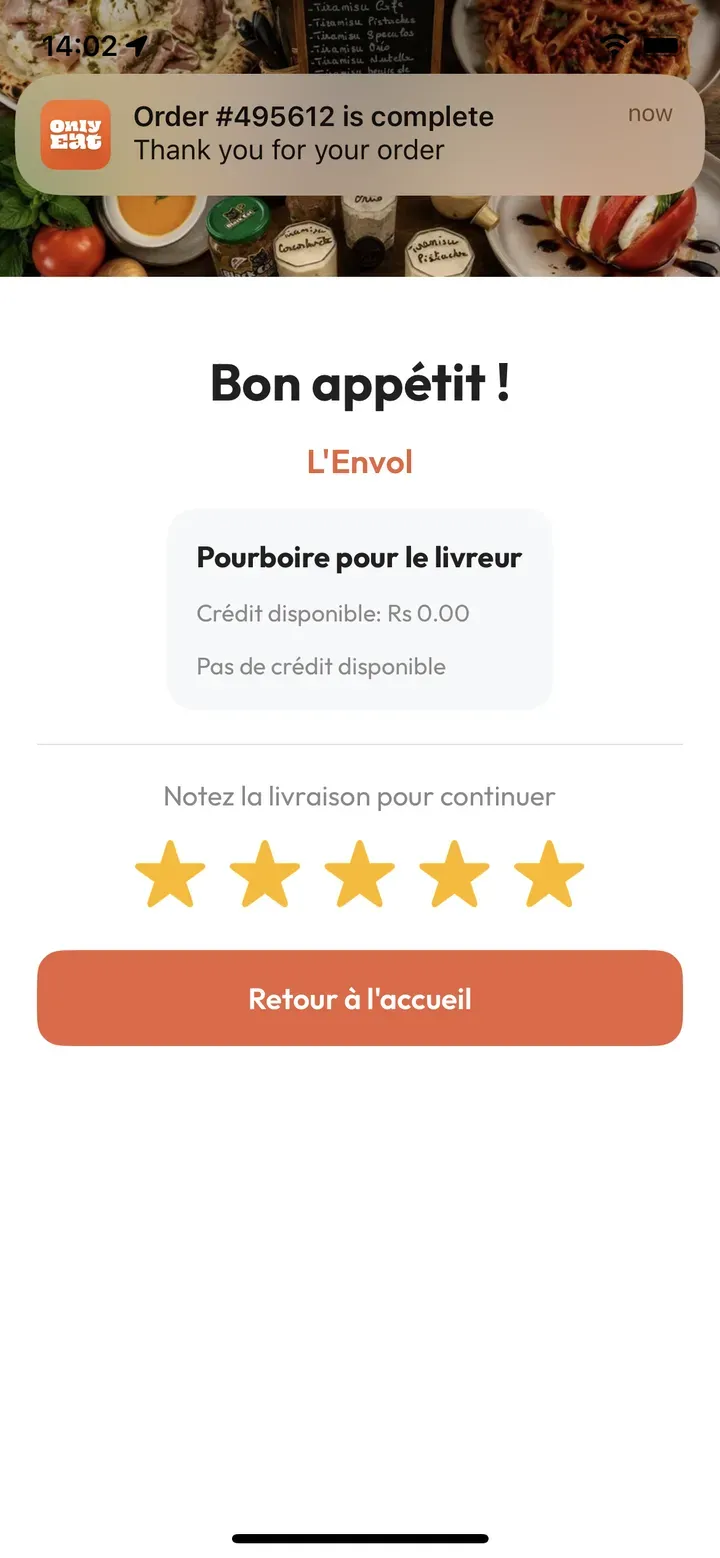 Écran de notation après livraison dans l’app OnlyEat